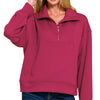 Zenana Scuba Half Zip Sweatshirt with Pockets - CABERNET
