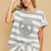 Umgee Peace Sign Patch Striped French Terry T-Shirt - Gray