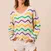 BiBi Mardi Gras Wavy Stripes V-Neck Sweater - CREAM