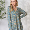Heimish Full Size Floral Half Button Long Sleeve Blouse - Dusty Teal Multi