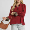 Umgee Half Button Blouse with Leopard Print Trim - BURGUNDY