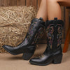 Embroidered Point Toe Block Heels Boots - Black