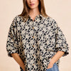 BiBi Floral Jacquard Short Dolman Sleeves Shirt - BLACK/LT GREY