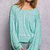 POL Round Neck Long Sleeve Exposed Seam Top with Chest Pocket - AQUA