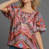 Umgee Full Size Abstract Print Smocked Square Neck Puff Sleeve Blouse - Pink Mix