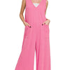 Zenana French Terry Deep V Neck Jumpsuits - FUCHSIA