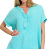 Zenana Washed Double Gauze 3/4 Button Henley Neck Shirt - MINT SKY