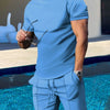 Men's Plus Size Round Neck Short Sleeve Top and Shorts Set - Light Blue