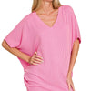 Zenana Raised Rib V-Neck Batwing Top - CANDY PINK