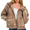 Zenana Acid Wash Zip Up Fleece Jacket - MOCHA