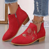 Embroidered Suede Point Toe Block Heel Boots - Red
