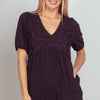 VERY J Lace Detail Puff Sleeve Romper with Pockets - Black