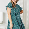Double Take Short Flounce Sleeve Tiered Dress - Dark Green