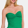Zenana Ruched Twisted Sweetheart Neck Top - Green