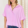 Zenana Texture Button Up Short Sleeve High-Low Shirt - Mauve