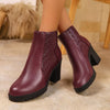 Point Toe Block Heels Boots - Burgundy