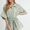 MABLE Embroidered Button Down Collared Neck Romper - Dusty Sage