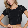 POL Contrast Stitching Round Neck Crop T-Shirt - Black