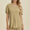 Basic Bae Full Size Ribbed V-Neck Short Sleeve Top and Shorts Set - Chartreuse