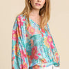 Umgee USA Full Size Floral Print Smocked Back Hem V-Neck Blouse Plus Size - Turquoise