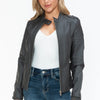 Snobbish PU Leather Biker Jacket with Side Zip Pockets - Charcoal