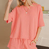 Zenana Raised Rib Short Sleeve Tee and Drawstring Shorts Set - CORAL