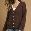 Umgee Cable Knit Pearl Button Cardigan - CHOCOLATE