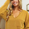 BiBi Wavy Two Tone Rib Notch Neck Patch Pocket Top - MUSTARD
