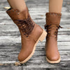 Lace Up Block Heels Boots - Brown