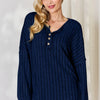 Basic Bae Full Size Ribbed Half Button Long Sleeve T-Shirt - Dark Blue