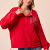 BiBi Christmas Theme Fleece Buttoned Top with Pockets - RED
