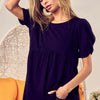 BiBi Cotton Span Knit With Puff Sleeve Baby Doll Top - BLACK