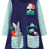 Children's Animal Pocket Embroidered Long Sleeve Dress - Dark Navy