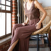 First Love Tie Back Sleeveless Slit Wide Leg Jumpsuit - BROWN
