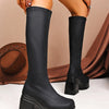 Square Toe Platform Block Heels Boots - Black