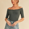 Aemi + Co Ruched Frill Off-Shoulder Half Sleeve Knit Top - Charcoal