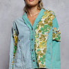 POL Button Down Floral V-Neck Long Sleeve Raw Hem Top - DENIM/TEAL