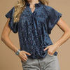 Umgee Crushed Velvet Pleated Blouse - DENIM