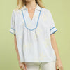 Umgee Striped Embroidered Blouse with Scallop Trim - LT. BLUE