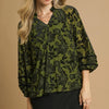Umgee Full Size Floral Velvet Blouse with Balloon Sleeves Plus Size - Olive