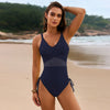 Drawstring Ruched V-Neck One-Piece Swimwear - Dark Navy