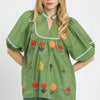 Umgee Embroidered Floral Puff Sleeve Top - SAGE