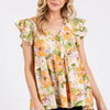 Mittoshop Floral V-Neck Ruffled Cap Sleeve Blouse - Tangerine