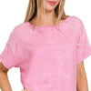 Zenana Washed Crew Neck Short Sleeve Crop Box Tee - CANDY PINK