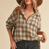 Aemi + Co Side Slit High-Low Plaid Long Sleeve Polo Shirt - Oatmeal