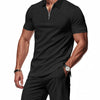 Men's Plus Size Quarter Zip Short Sleeve Top and Shorts Set - Black