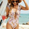 Cutout Animal Print Ruffled Wide Strap One-Piece Swimwear - Tan