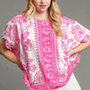Umgee Full Size Floral Border Print Oversized Top Plus Size - Hot Pink