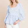 Lime 'N' Chili Polka Dot Print Balloon Sleeve Babydoll Peplum Top - LT BLUE
