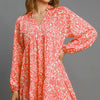 Umgee Full Size Two Tone Print Balloon Sleeve Tiered Dress Plus Size - CORAL MIX